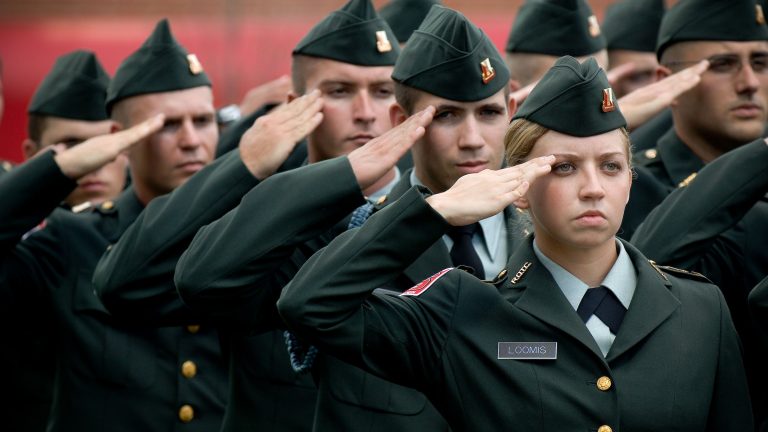 Members of the NC State ROTC stand at attention Sunday during the Sept. 11th memorial at the Belltower.