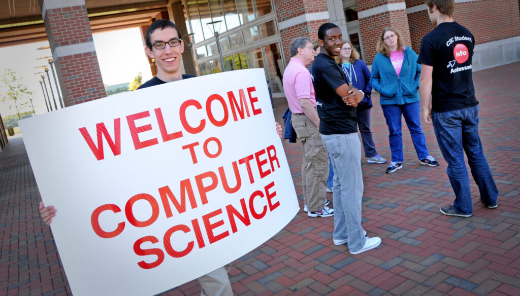 Computer Science majors welcome prospective students to EB2 on Centennial Campus during Open House.