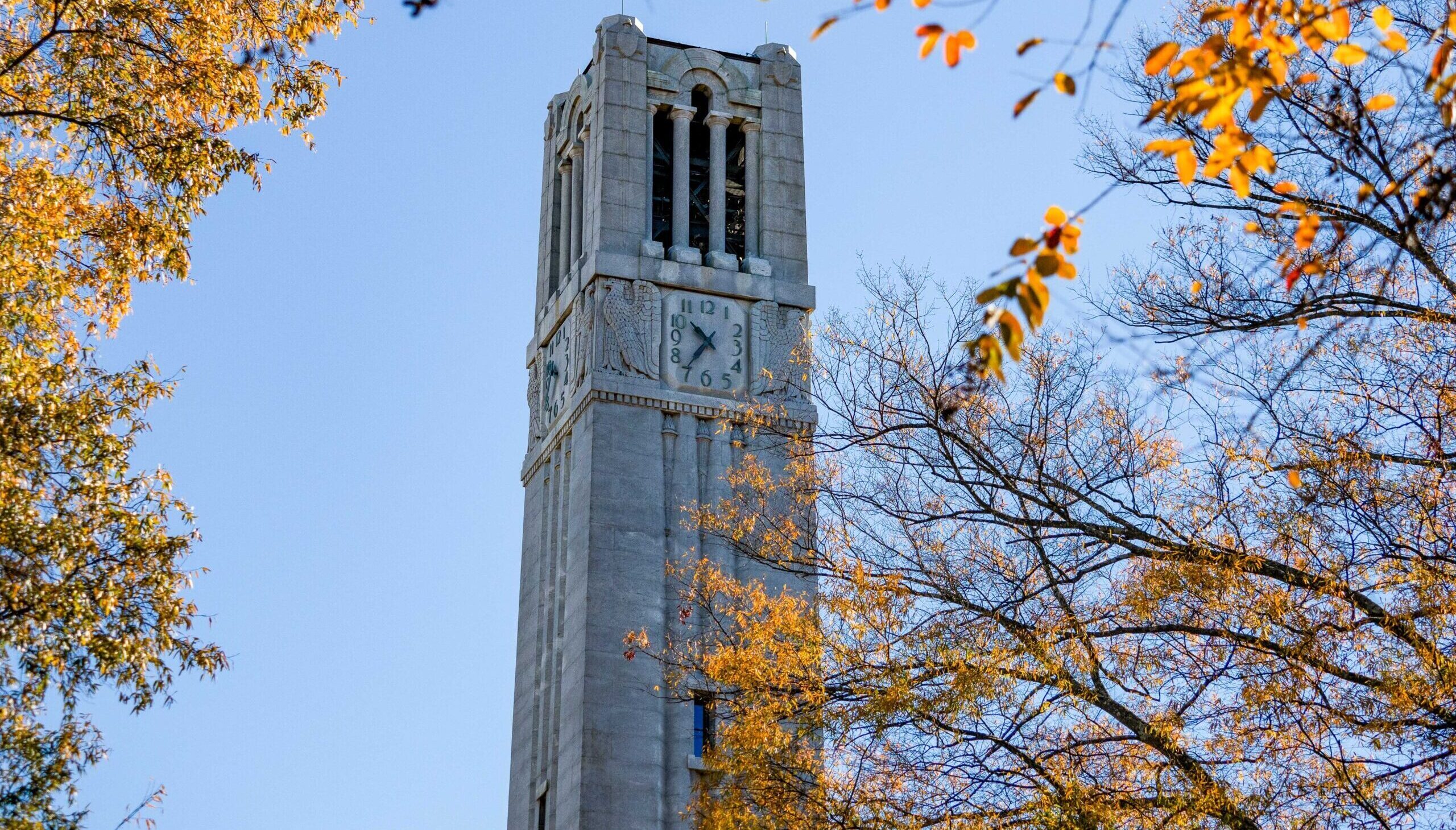 The Memorial Belltower surrounded by fall leaves. Photo by Becky Kirkland.